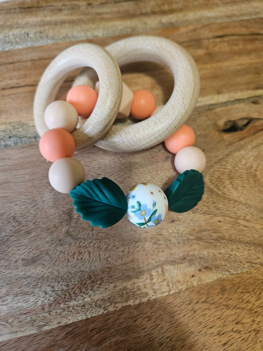 Peachy Floral Silicone Teether Rattle