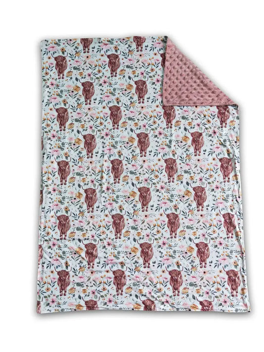 Highland Cow Floral Minky Baby Blanket