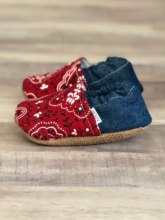 Red Paisley and Denim Moccasins