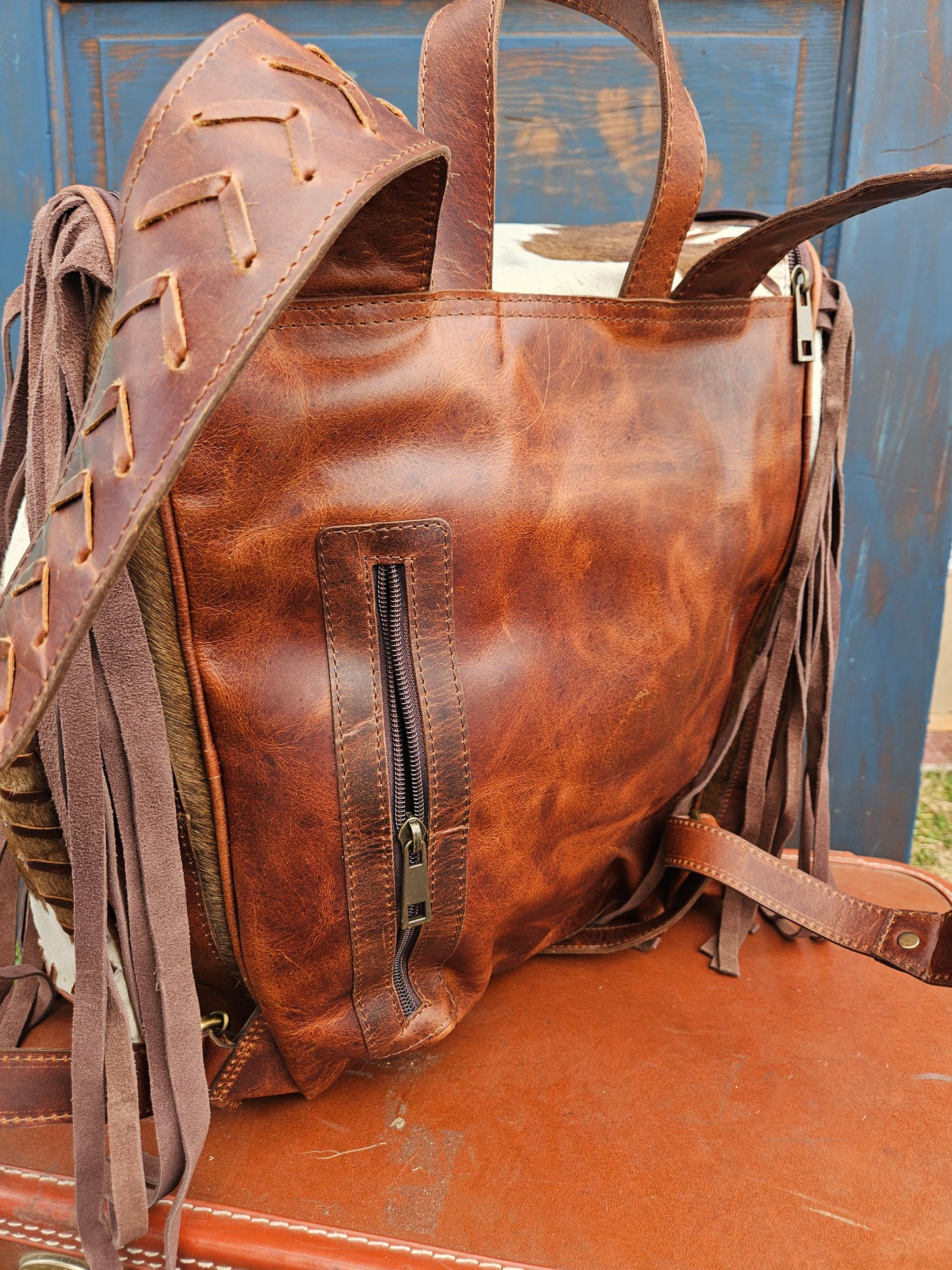 Cowhide Fringe Weave Backpack (Light Brown)