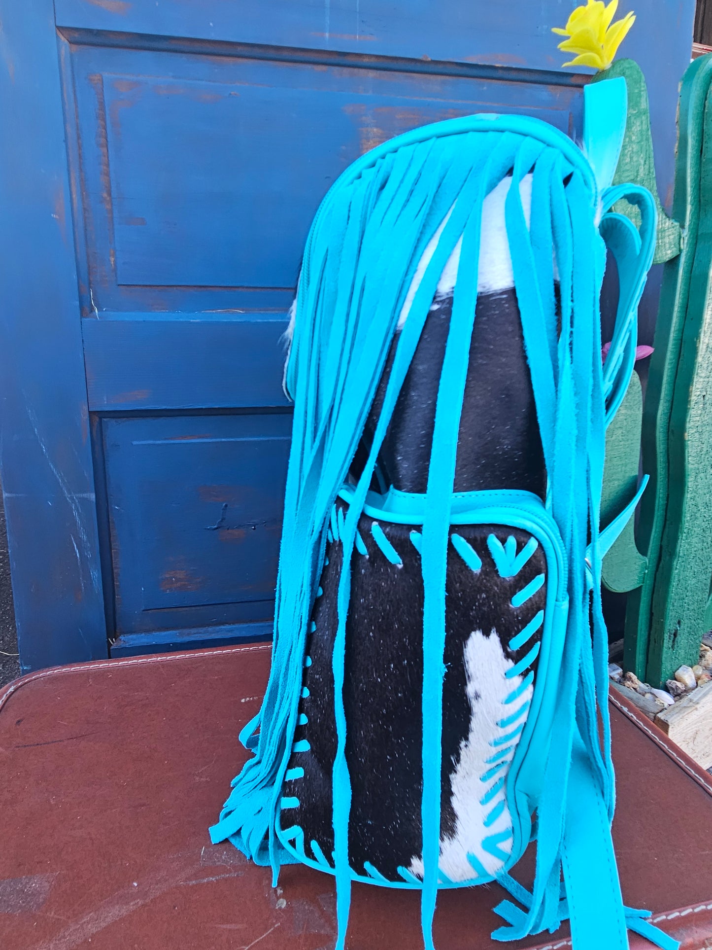 Cowhide Fringe Weave Backpack Turquoise