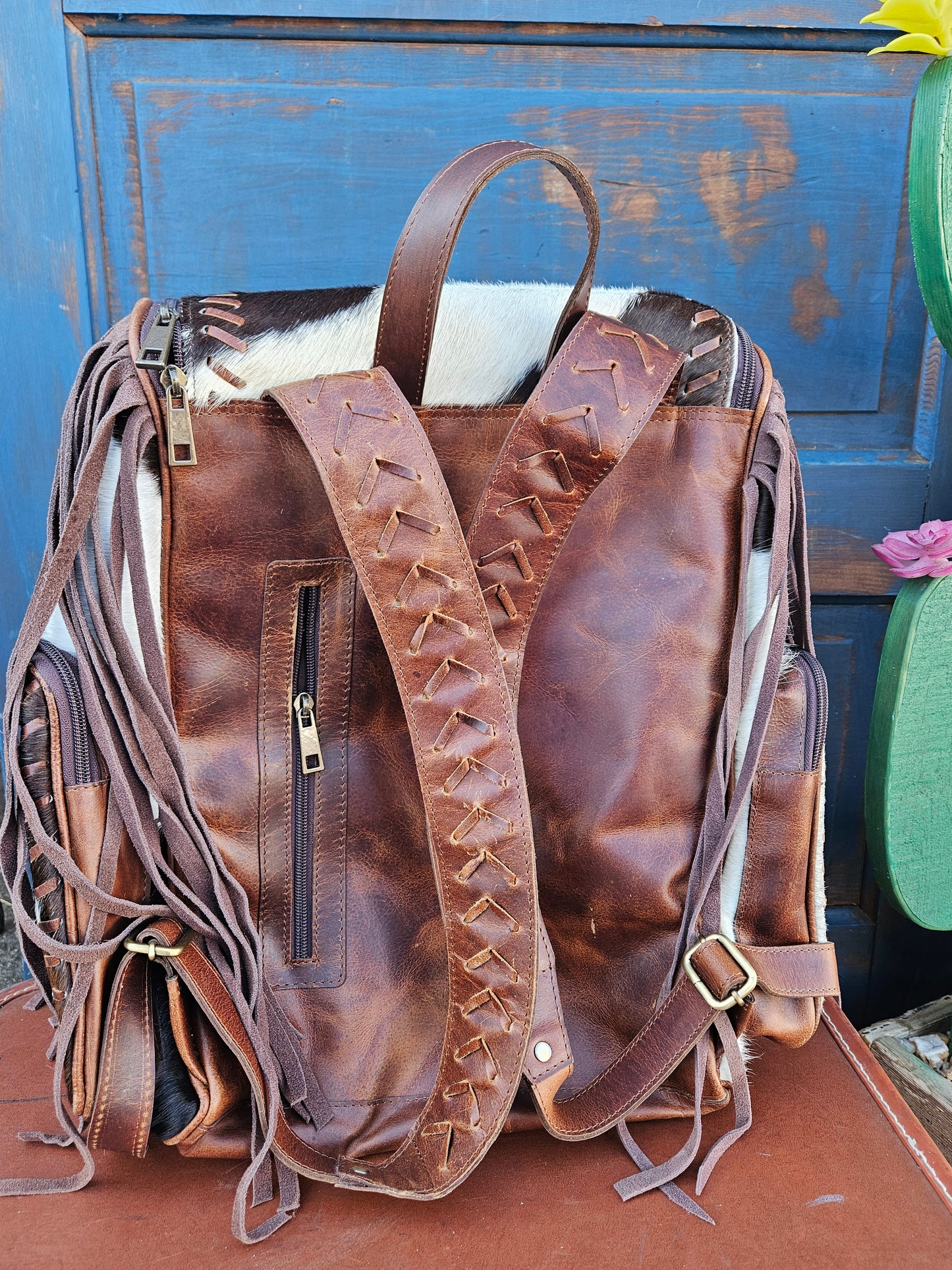 Cowhide Fringe Weave Backpack (Dark Brown)