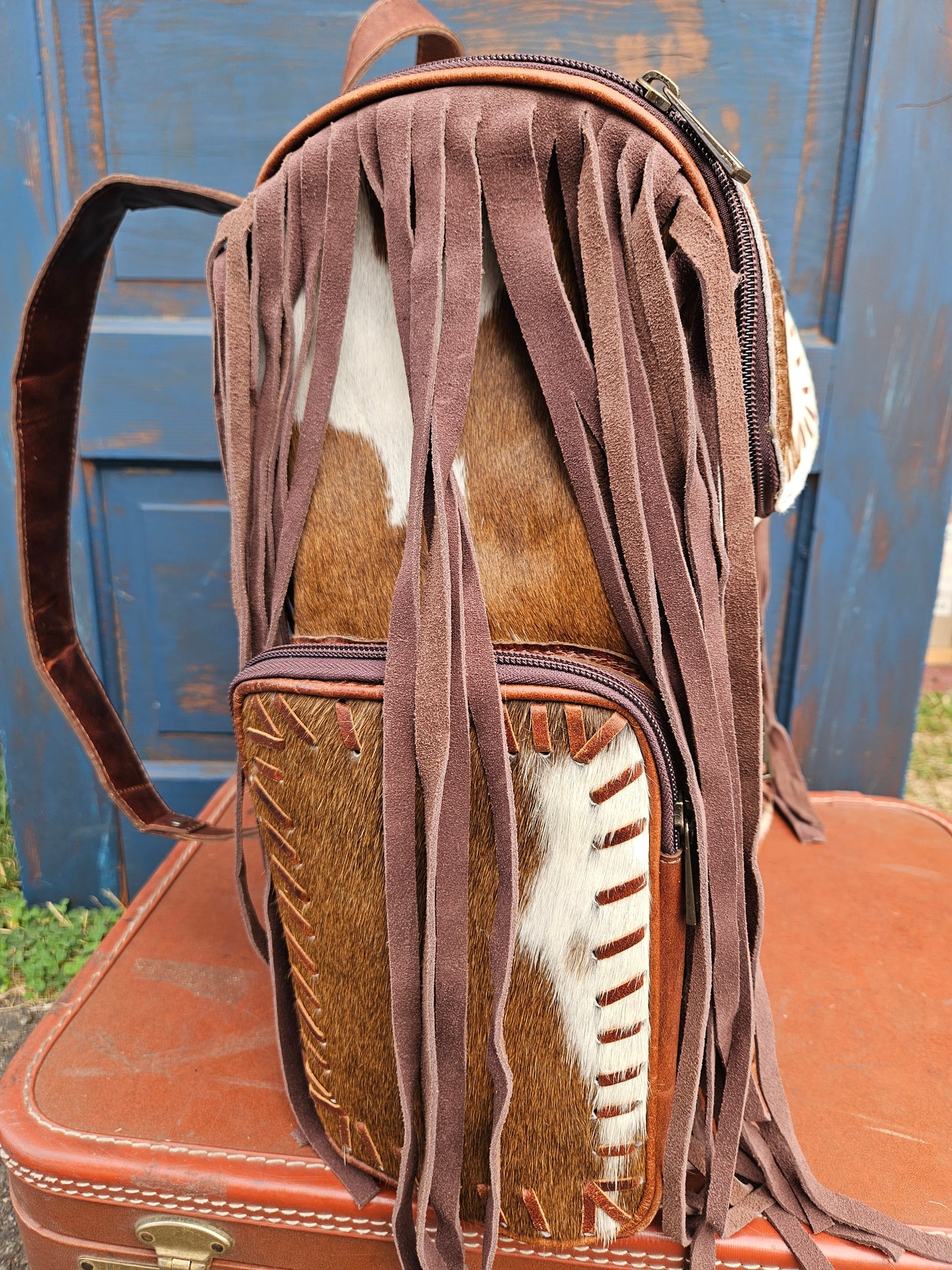 Cowhide Fringe Weave Backpack (Light Brown)