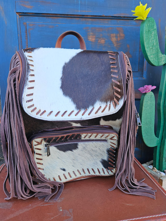 Cowhide Fringe Weave Backpack (Dark Brown)