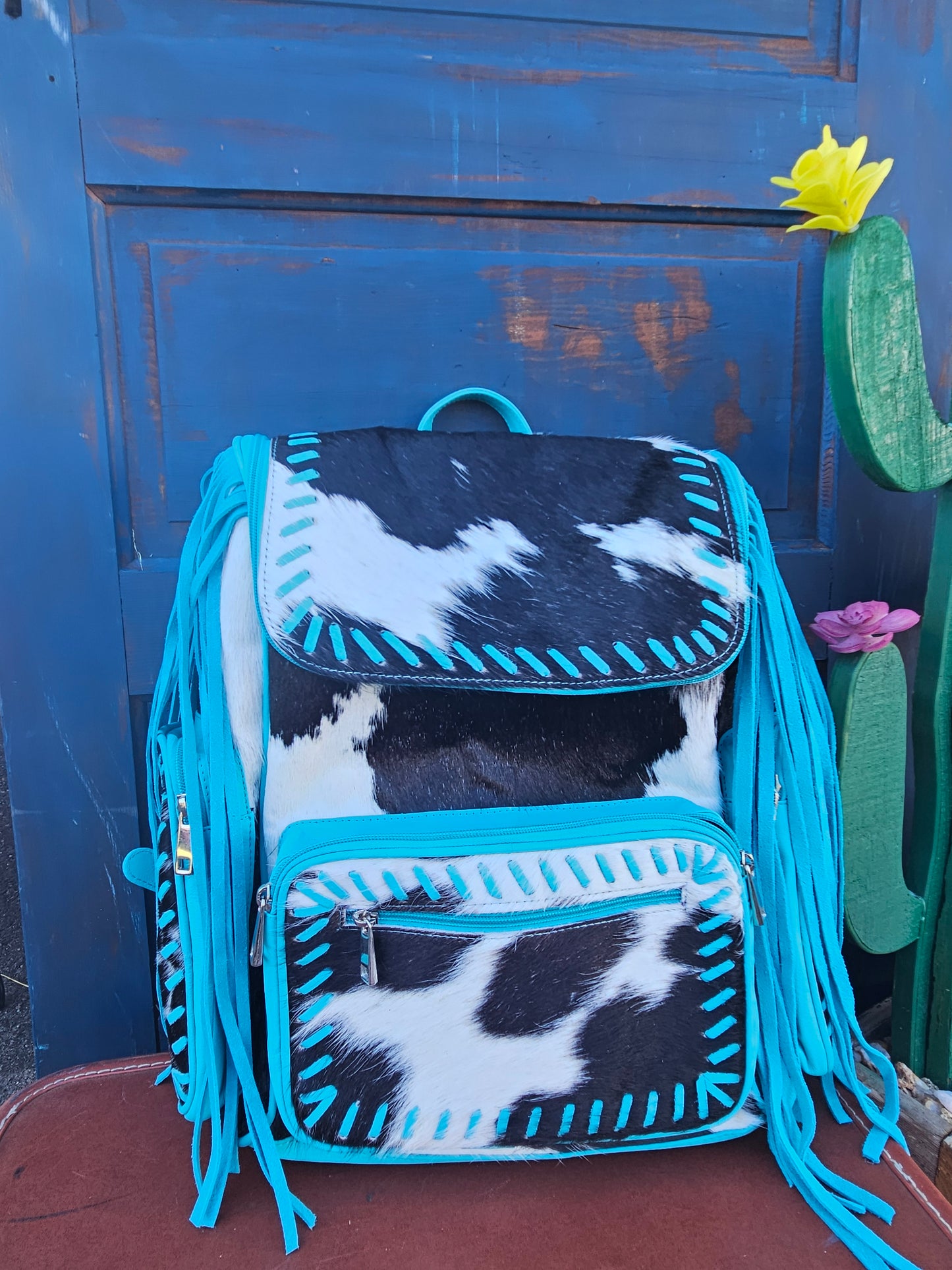 Cowhide Fringe Weave Backpack Turquoise