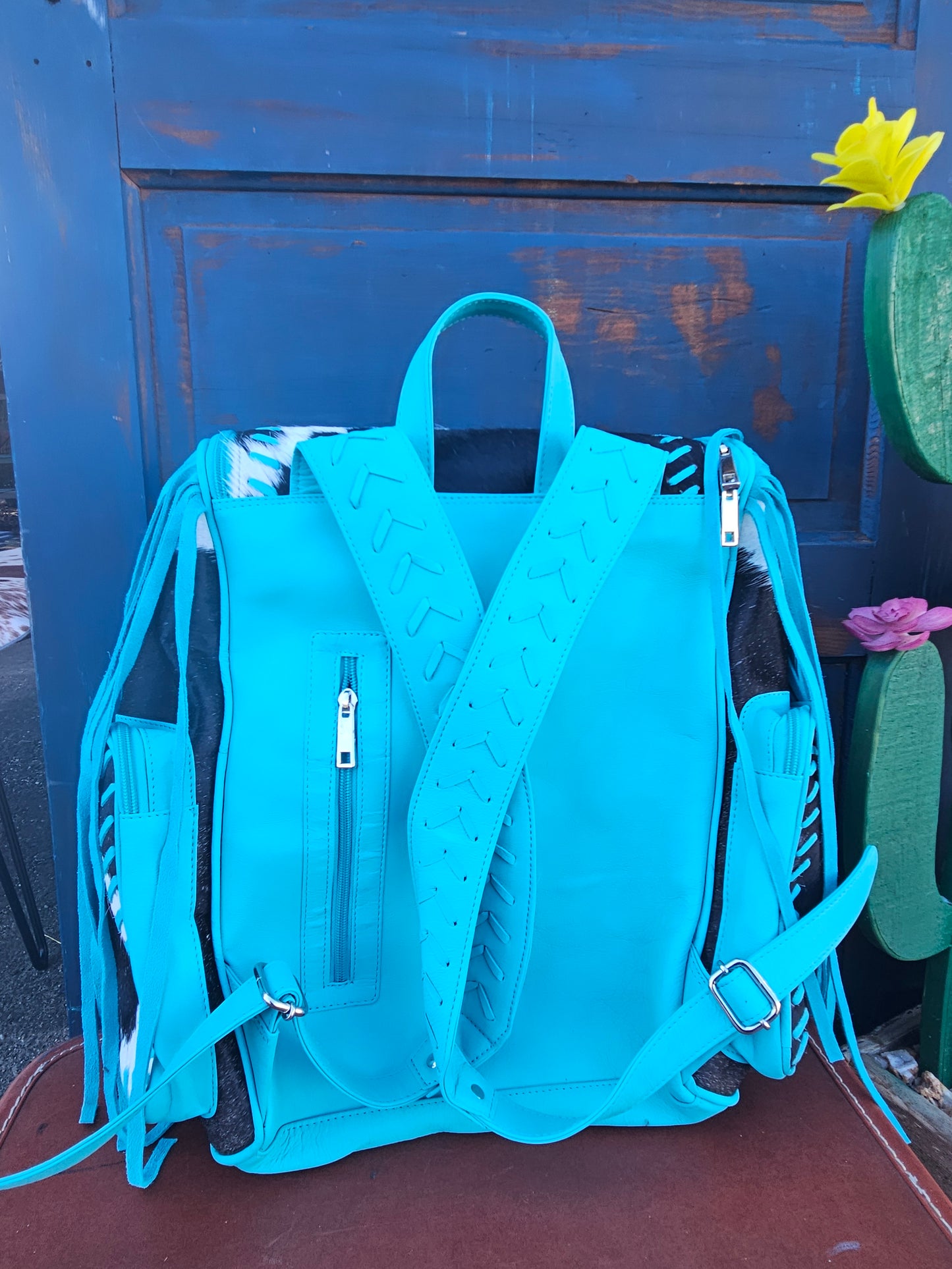 Cowhide Fringe Weave Backpack Turquoise