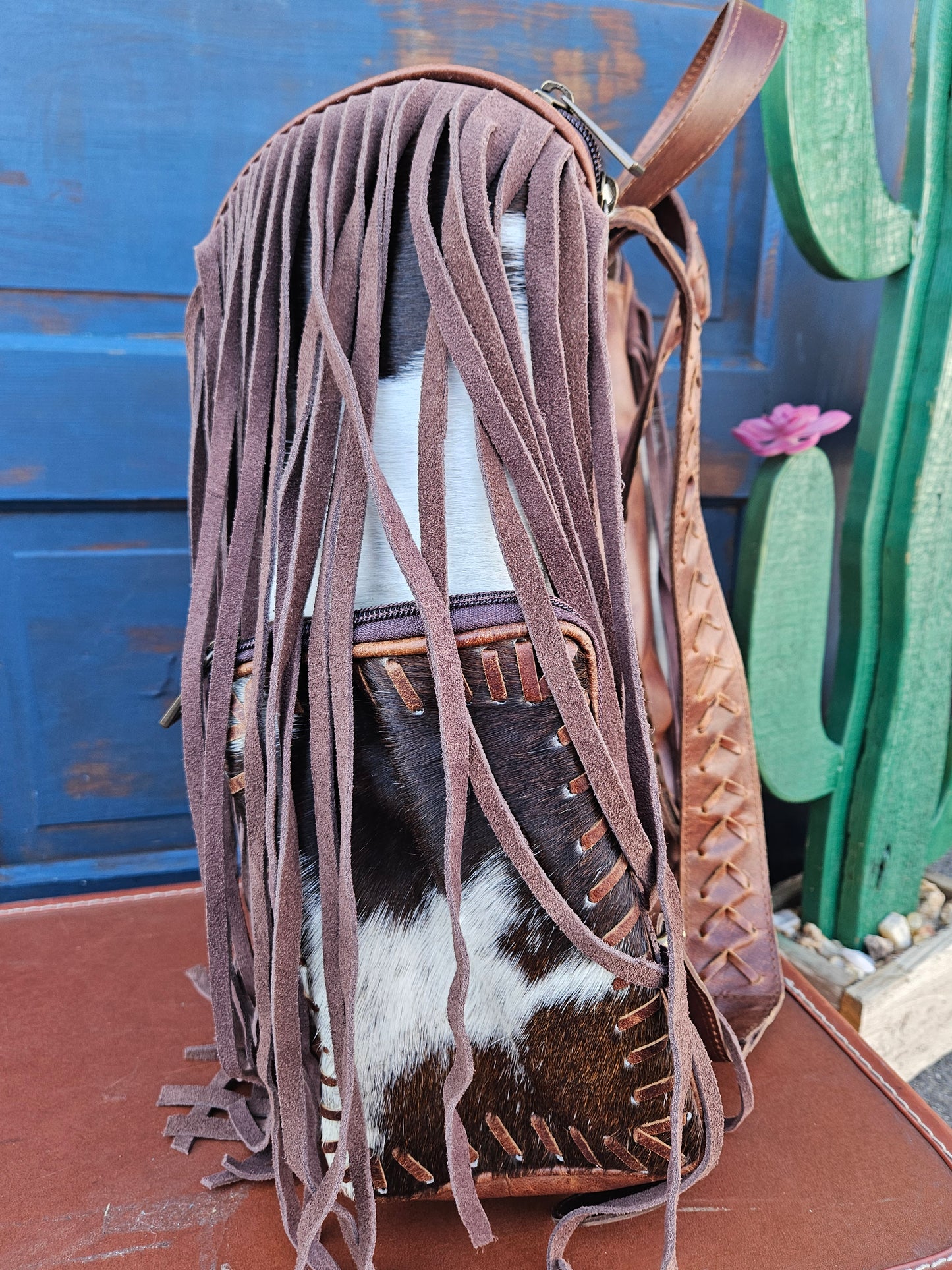 Cowhide Fringe Weave Backpack (Dark Brown)