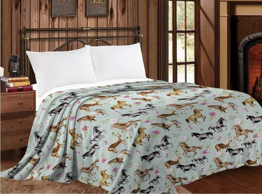 Aqua Galloping Horse Plush Blanket