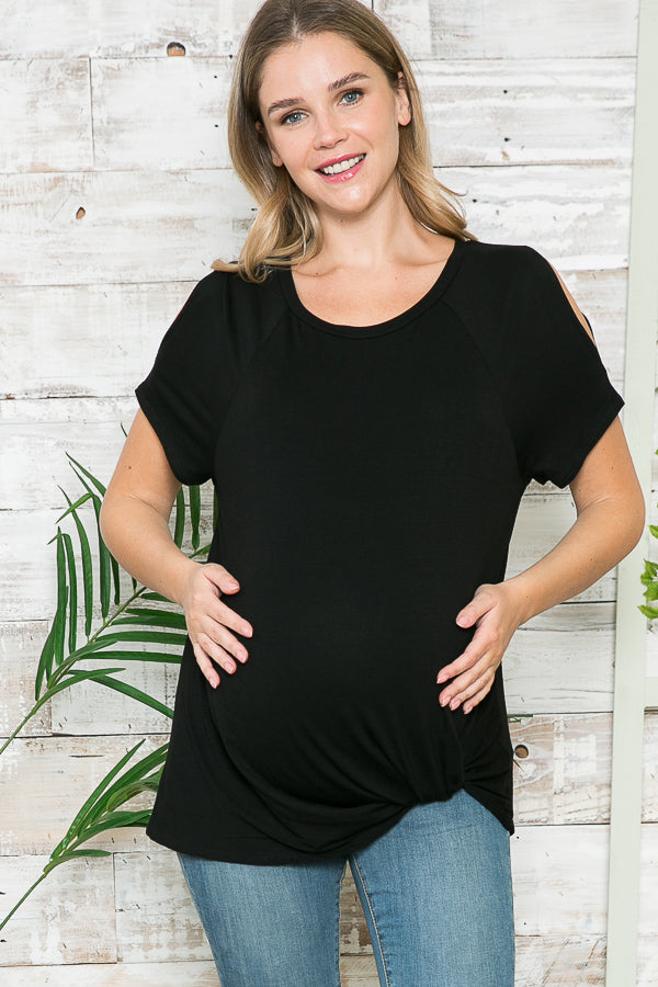 Cold Shoulder Front Knotted Crew Neck Maternity Tee