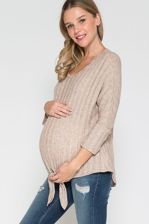 Maternity Round Neck Long Sleeve Front Tied Dolman Top