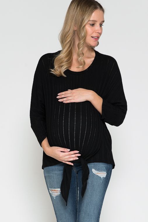 Maternity Round Neck Long Sleeve Front Tied Dolman Top