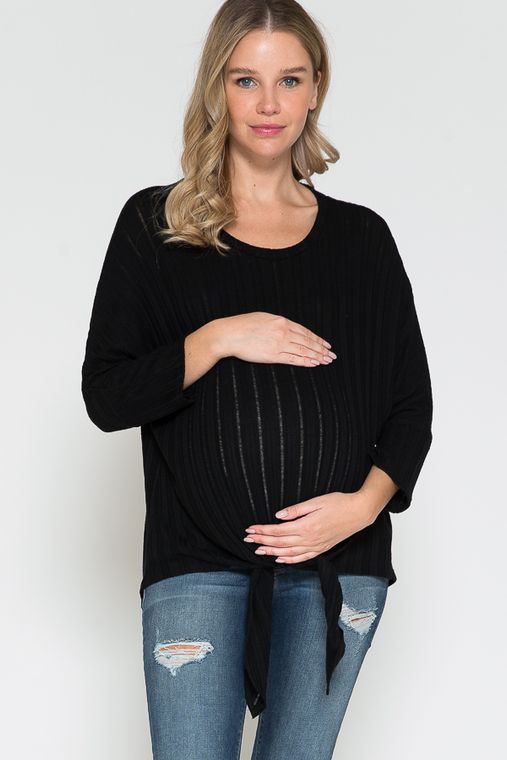 Maternity Round Neck Long Sleeve Front Tied Dolman Top