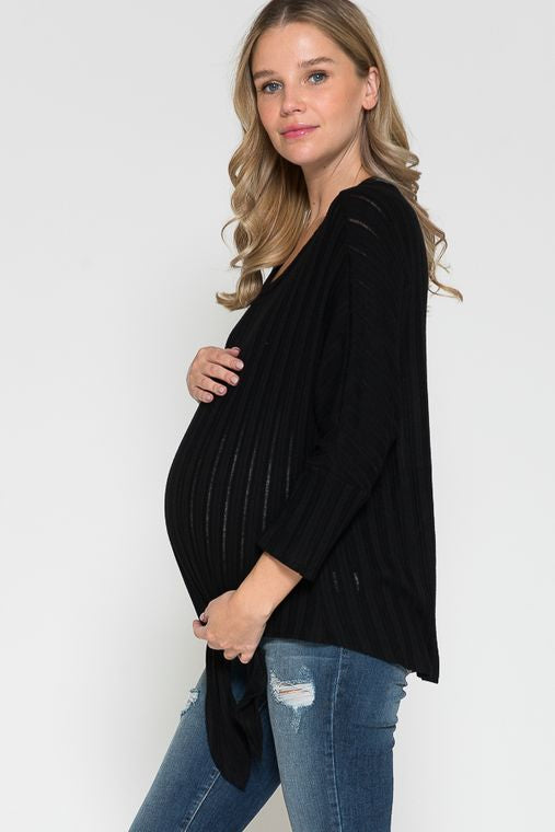 Maternity Round Neck Long Sleeve Front Tied Dolman Top