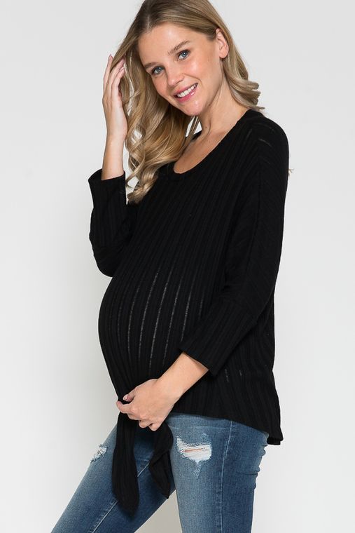 Maternity Round Neck Long Sleeve Front Tied Dolman Top