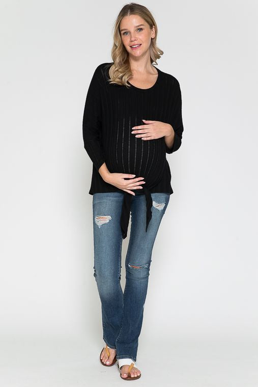 Maternity Round Neck Long Sleeve Front Tied Dolman Top