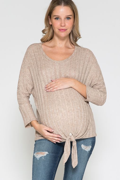Maternity Round Neck Long Sleeve Front Tied Dolman Top
