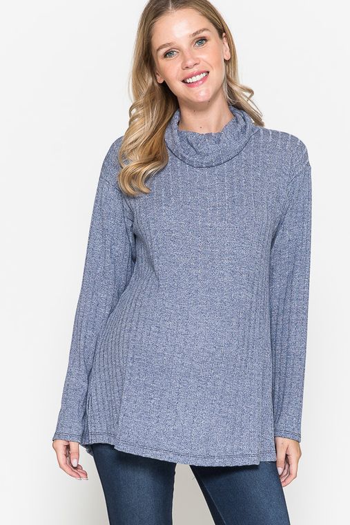 Maternity Open Back Turtle Neck Long Sleeve Ribbed Top