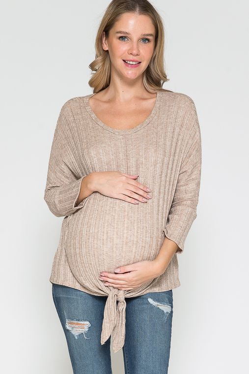 Maternity Round Neck Long Sleeve Front Tied Dolman Top