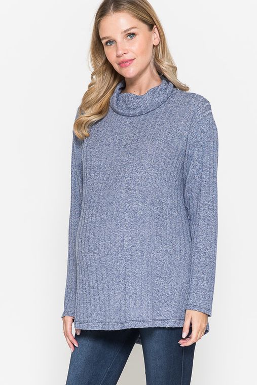 Maternity Open Back Turtle Neck Long Sleeve Ribbed Top