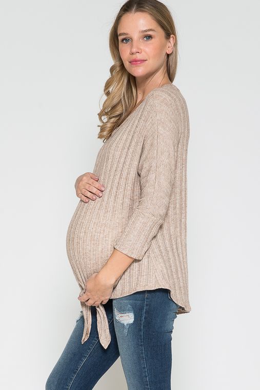 Maternity Round Neck Long Sleeve Front Tied Dolman Top